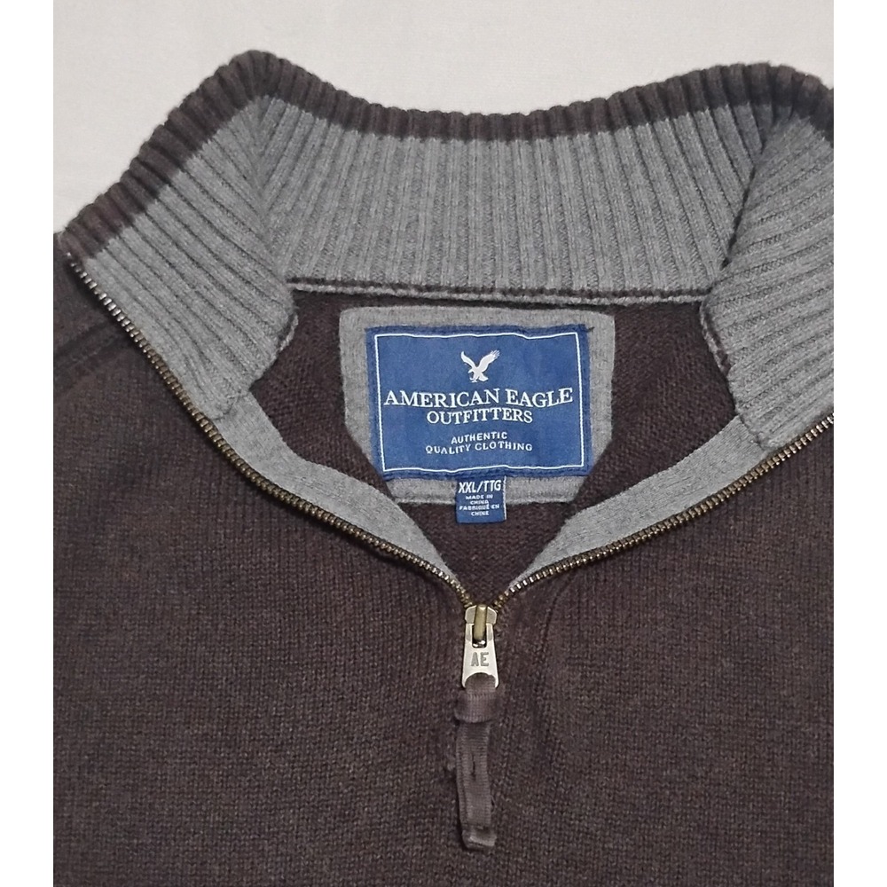 Vintage American Eagle Men's XXL Brown Rib-Knit Cotton 1/4 Zip Mock Sweater - Picture 2 of 9